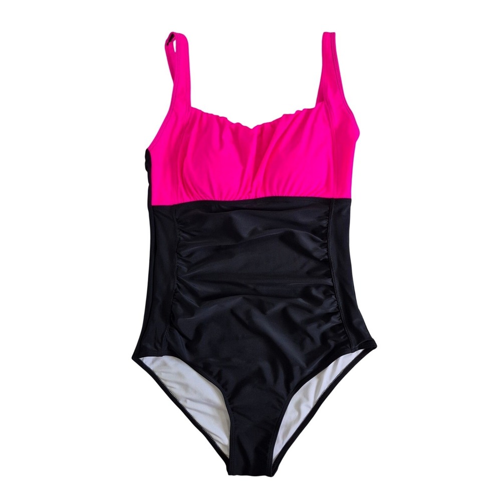 Aqua Eve One Piece Swimsuit Neon Pink Black Ruched‎ Tummy Control Large NWT